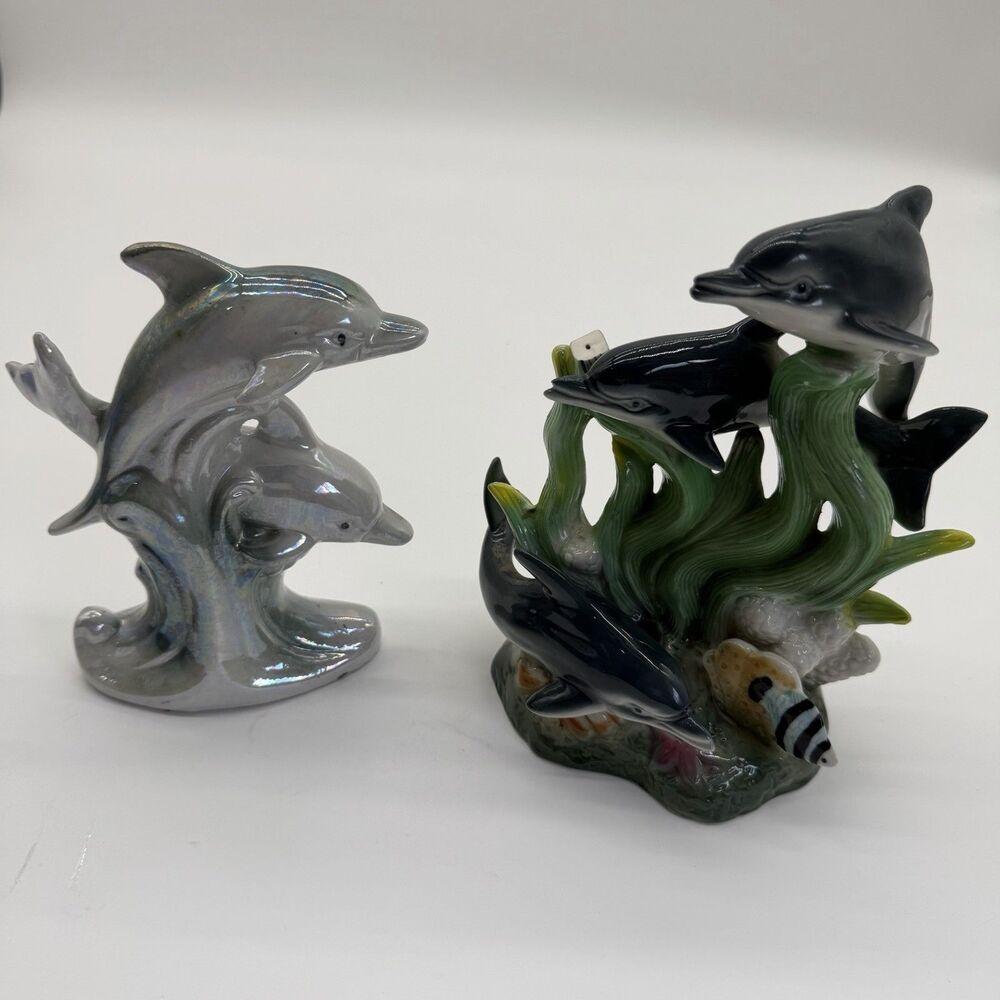 Lot of 2 Dolphin Figurines - Ceramic - Great Decor Or Fish Tank Decor
